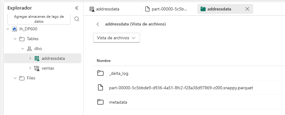Vista de archivos de la tabla addressdata en lh_DP600: carpeta _delta_log, fichero part-00000 .snappy.parquet y carpeta metadata
