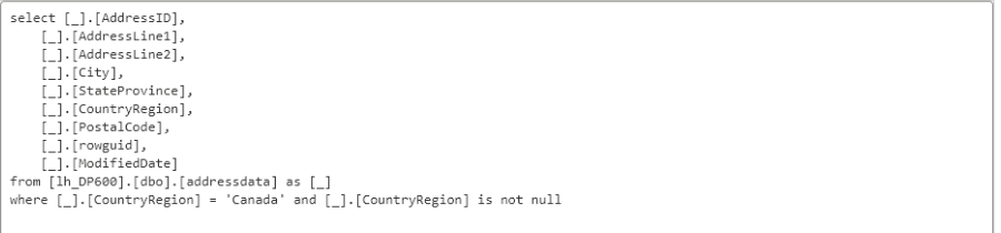 Consulta de origen de datos con el SQL generado por Power Query para filtrar por Canada
